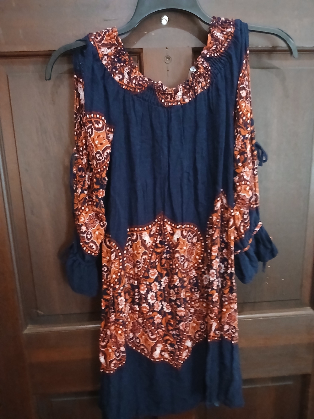 Women’s Timing Navy and Rust Floral Boho Dress Size Slit Open Tie Sleeves